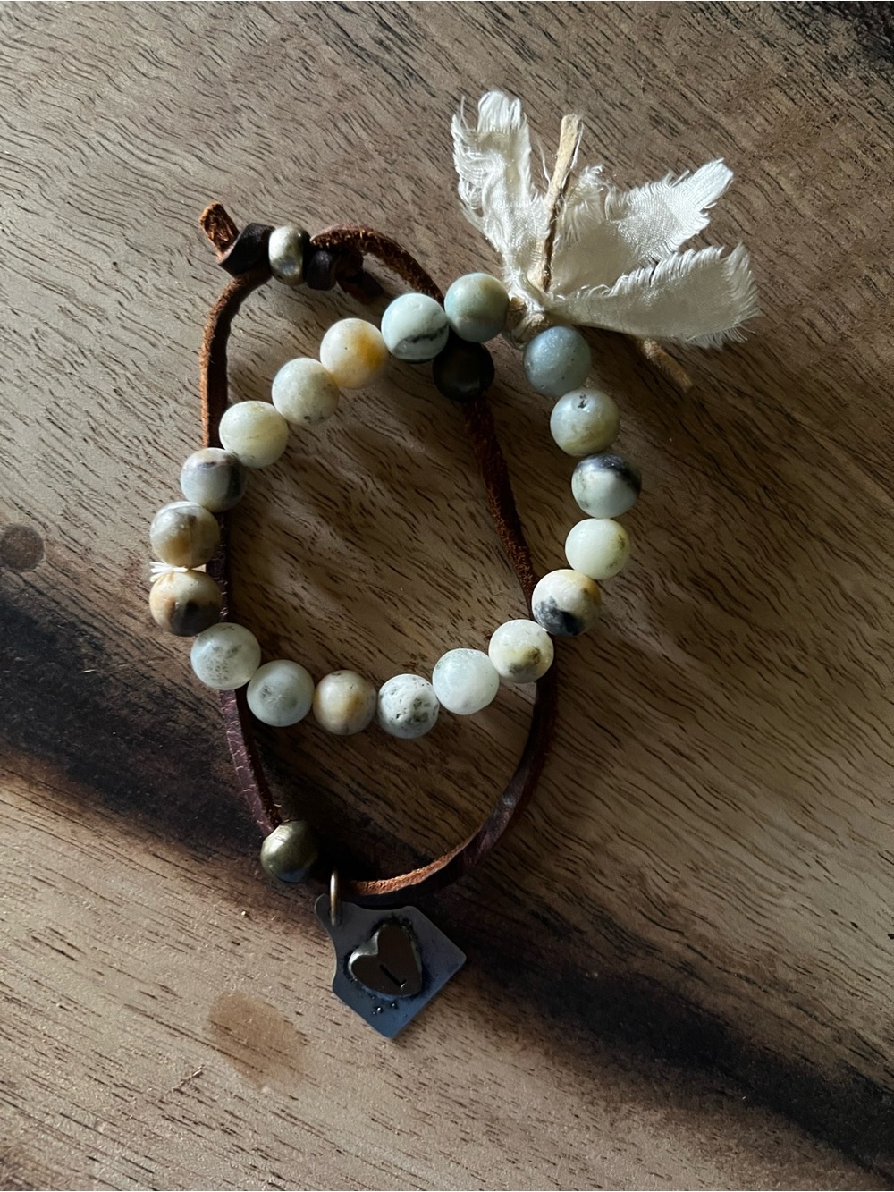 Natural Stone Beaded and Leather Heart Bracelet letter L - Neutral Tones